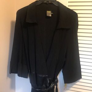 Long, wrap dress with leather-like belt